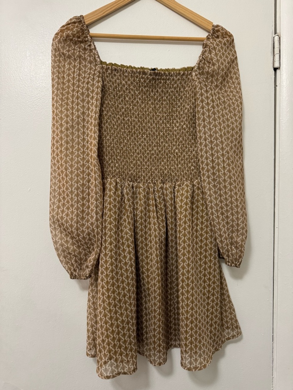 Smocked Square-Neck Mini Dress in Light Brown